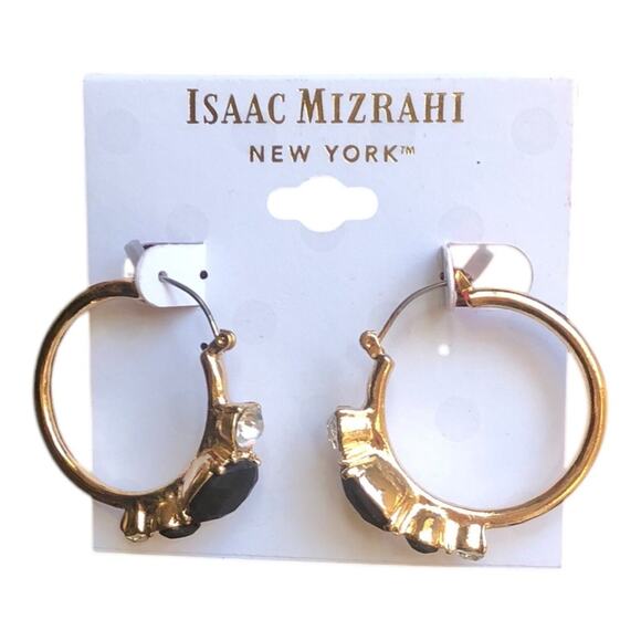 Isaac Mizrahi NWT Gold Tone Clear Rhinestones Black Stones Hoop Earrings - Picture 3 of 10
